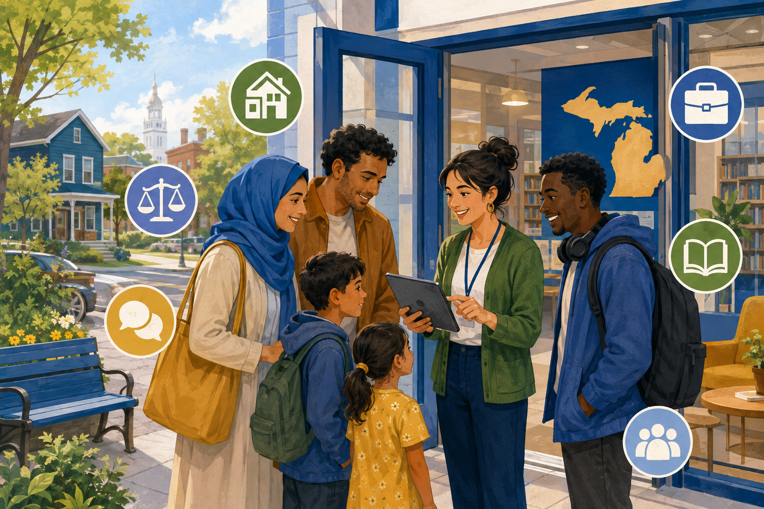 A newcomer family and an individual receiving help from a community resource navigator outside a welcoming Michigan community center.